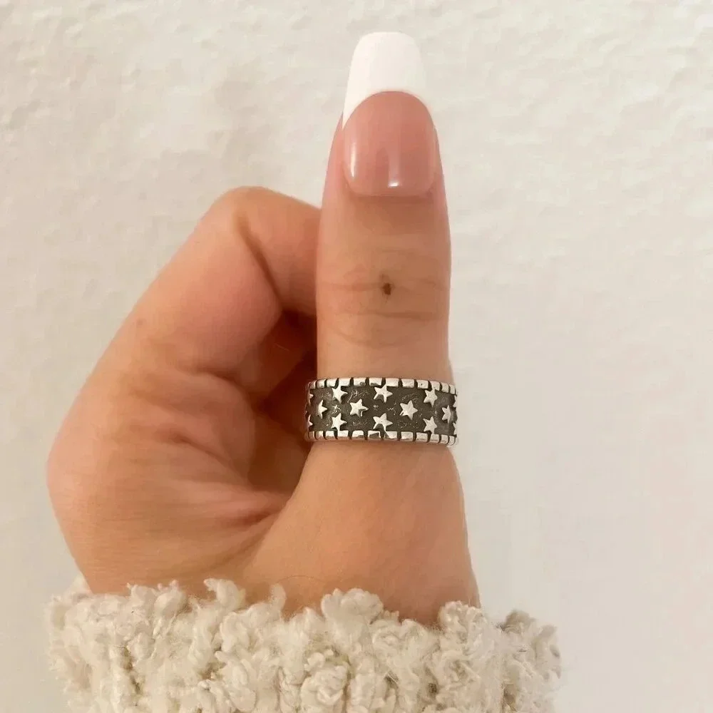 925 Sterling Silver Star Ring Band Black & Silver Star Ring Celestial Ring